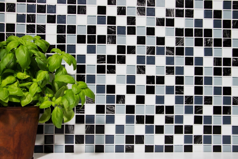 Muestra de mano mosaico azulejo Azulejo backsplash autoadhesivo Translúcido blanco gris negro Mosaico de vidrio Cristal gris negro blanco paño MOS200-4CM28_m
