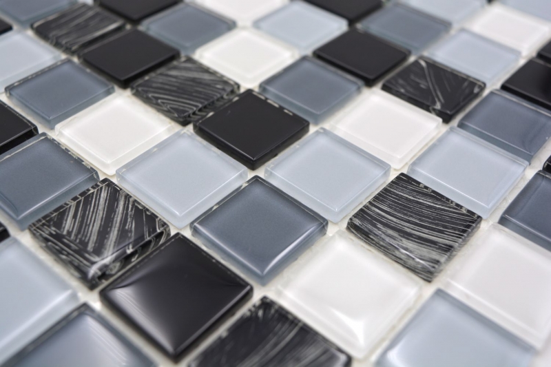 Muestra de mano mosaico azulejo Azulejo backsplash autoadhesivo Translúcido blanco gris negro Mosaico de vidrio Cristal gris negro blanco paño MOS200-4CM28_m