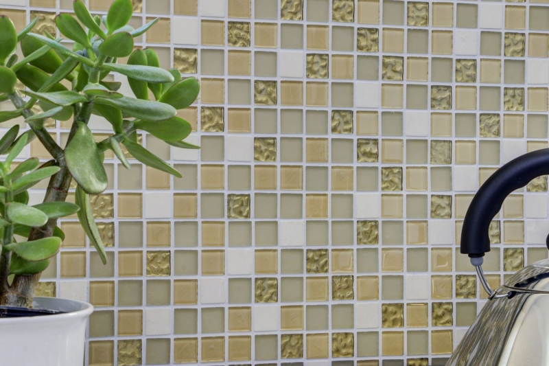Muestra de mano azulejo mosaico Azulejo backsplash autoadhesivo Piedra translúcida oro blanco Mosaico de vidrio Piedra de cristal oro blanco mate MOS200-4M362_m