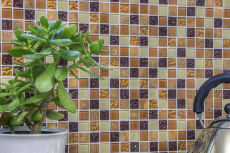 Muestra de mano mosaico azulejo Azulejo backsplash autoadhesivo Piedra translúcida beige marrón Mosaico de vidrio Piedra de cristal beige marrón MOS200-4M372_m
