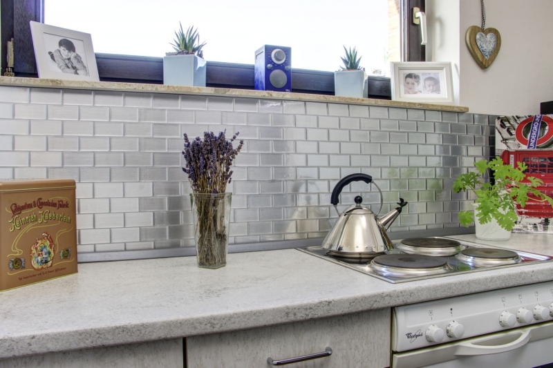 Muestras de mano mosaico azulejo azulejo backsplash autoadhesivo vinilo lámina vinilo plata vinilo acero metro 4-pack MOSVinyl-24002_m
