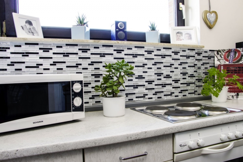 Muestras de mano mosaico azulejo azulejo backsplash vinilo autoadhesivo lámina vinilo plata negro Midnight Marble Dream 4-pack MOSVinyl-24050_m