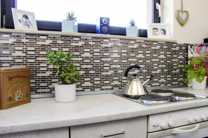 Muestras de mano mosaico azulejo azulejo backsplash autoadhesivo vinilo lámina vinilo marrón marrón mármol 4-pack MOSVinyl-24088_m