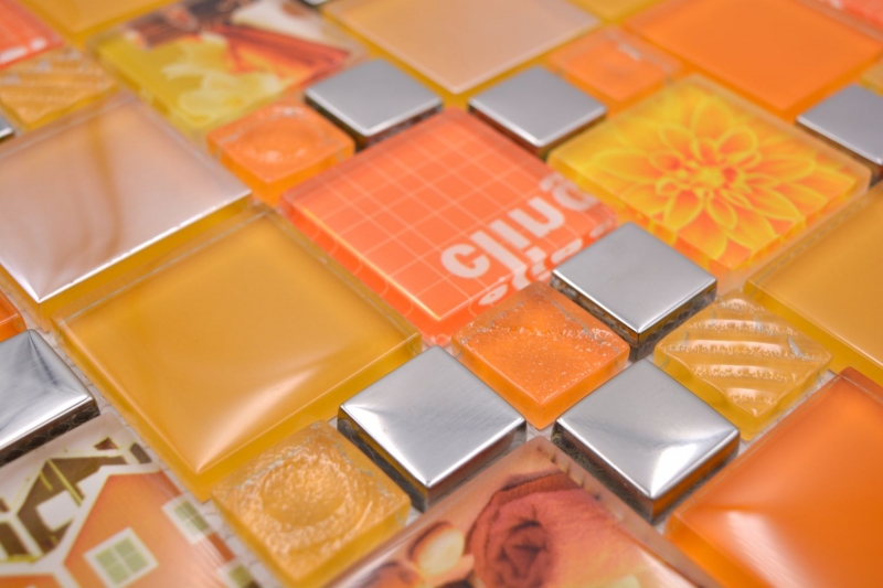 Muestra de mano transparente cristal mosaico mosaico de vidrio plata naranja pared azulejo backsplash cocina ducha baño MOS88-0817_m