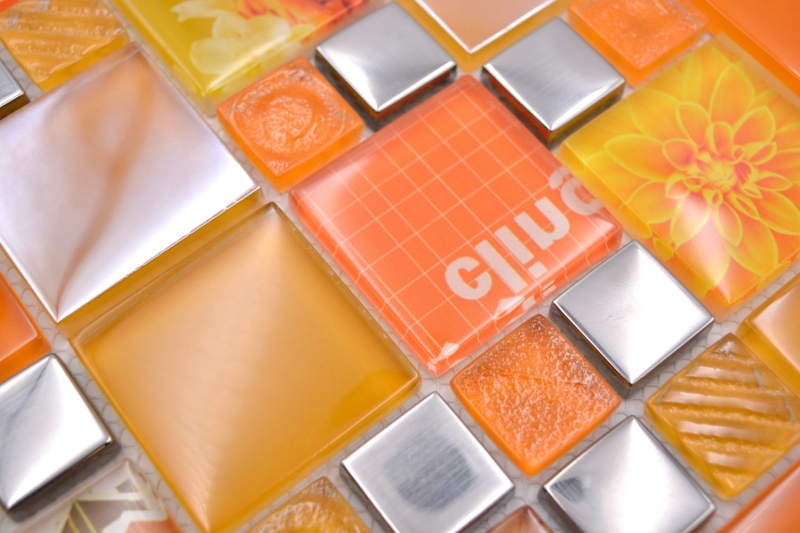 Muestra de mano transparente cristal mosaico mosaico de vidrio plata naranja pared azulejo backsplash cocina ducha baño MOS88-0817_m