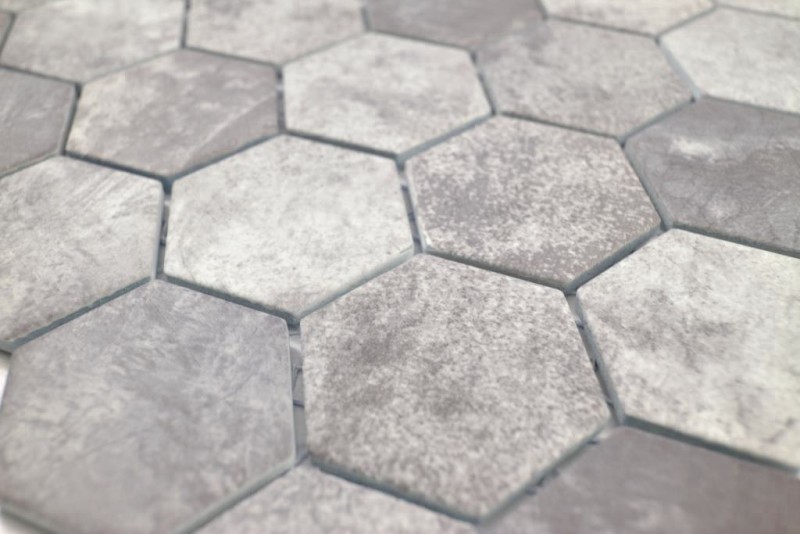 Muestra de mano cerámica mosaico hexágono cemento gris oscuro mosaico azulejo pared azulejo backsplash cocina baño MOS11H-0026_m