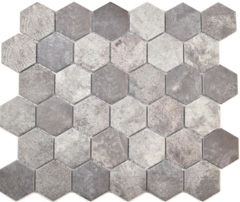 Muestra de mano cerámica mosaico hexágono cemento gris oscuro mosaico azulejo pared azulejo backsplash cocina baño MOS11H-0026_m