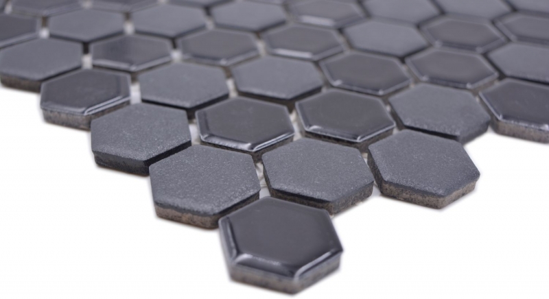 Muestra de mano cerámica mosaico hexágono negro brillante R10B plato de ducha azulejo suelo mosaico azulejo cocina baño MOS11H-0301-R10_m