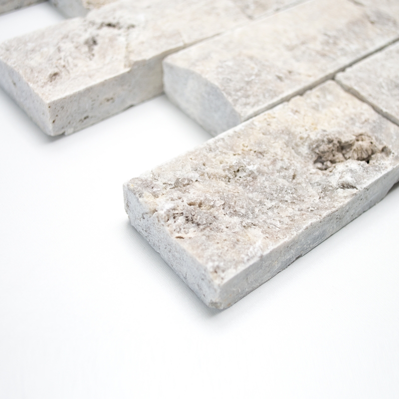 Muestra de mano mosaico azulejo Travertino piedra natural blanco gris Ladrillo Splitface plata Travertino 3D MOS29-42781_m