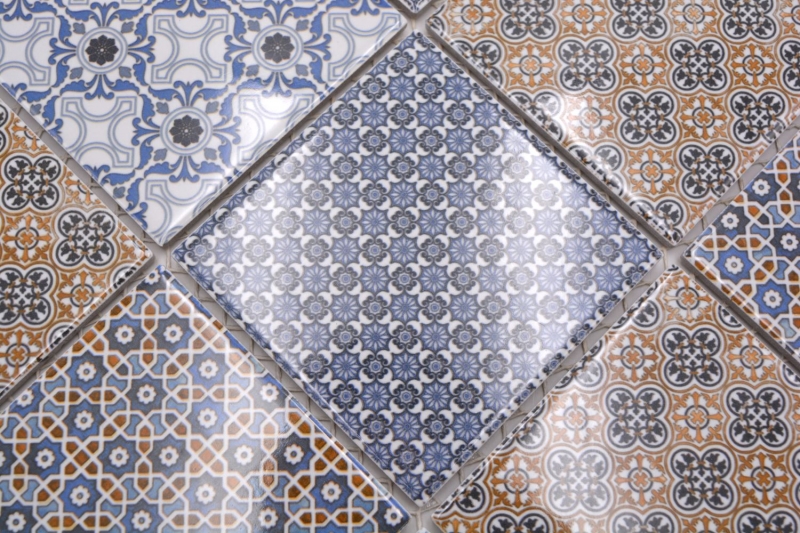 Retro vintage mosaico azulejo backsplash cocina backsplash blanco azul naranja gris MOS22B-1404_f | 10 esteras de mosaico