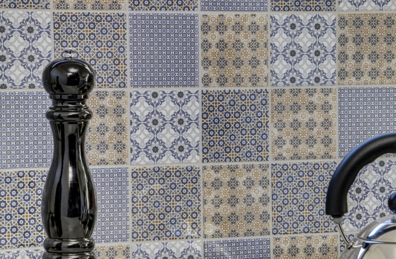 Retro vintage mosaico azulejo backsplash cocina backsplash blanco azul naranja gris MOS22B-1404_f | 10 esteras de mosaico