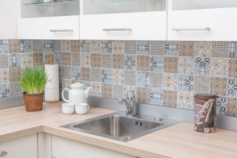 Retro vintage mosaico azulejo backsplash cocina backsplash cerámica crema azul naranja gris mate MOS22B-1406_f | 10 esteras de mosaico