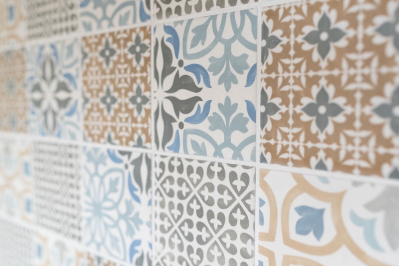 Retro vintage mosaico azulejo backsplash cocina backsplash cerámica crema azul naranja gris mate MOS22B-1406_f | 10 esteras de mosaico