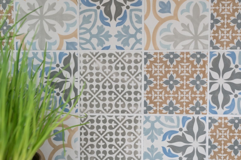 Retro vintage mosaico azulejo backsplash cocina backsplash cerámica crema azul naranja gris mate MOS22B-1406_f | 10 esteras de mosaico