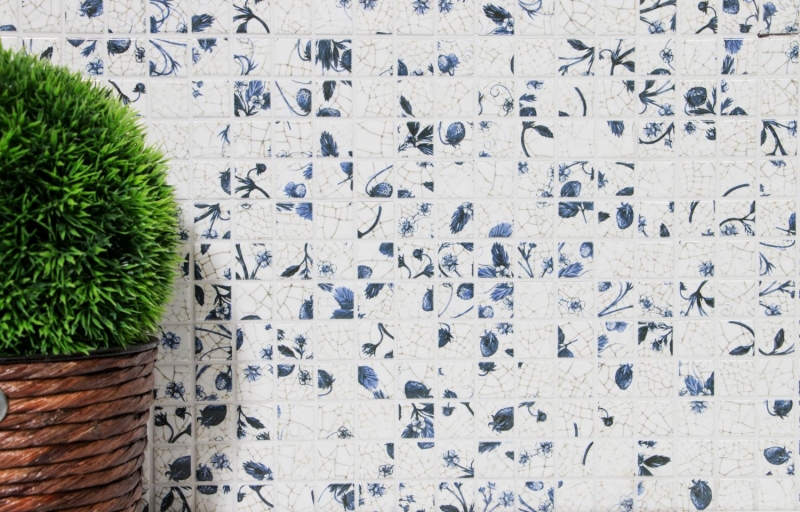 Azulejos de mosaico retro vintage cerámica blanco azul flor cocina splashback MOS18D-1404_f | 10 esteras de mosaico