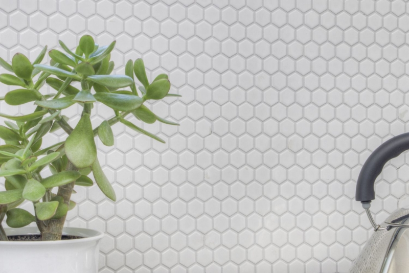 Azulejos de mosaico de cerámica hexágono blanco brillante azulejo backsplash cocina MOS11A-0102_f | 10 esteras de mosaico