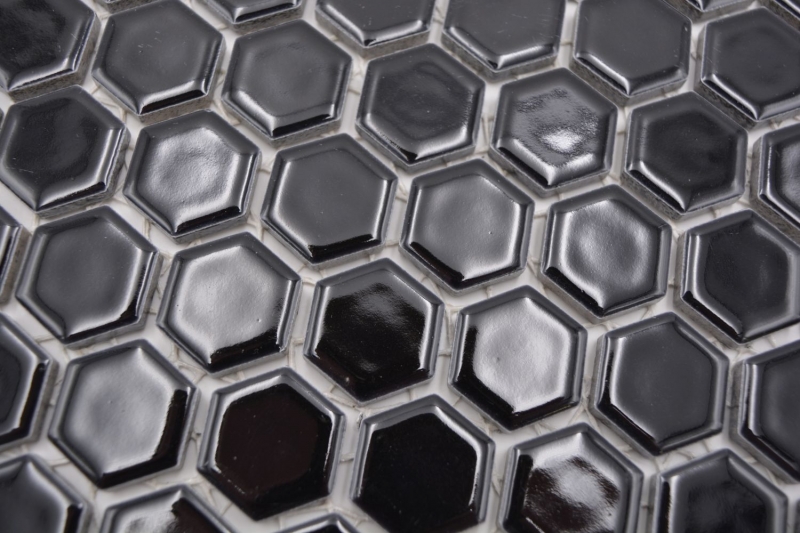 Azulejos de mosaico de cerámica hexágono negro brillante azulejos de la pared azulejos de baño MOS11A-0302_f | 10 esteras de mosaico