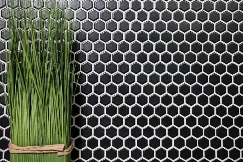 Azulejos de mosaico de cerámica hexágono negro mate ducha salpicaduras azulejo backsplash MOS11A-0311_f | 10 esteras de mosaico