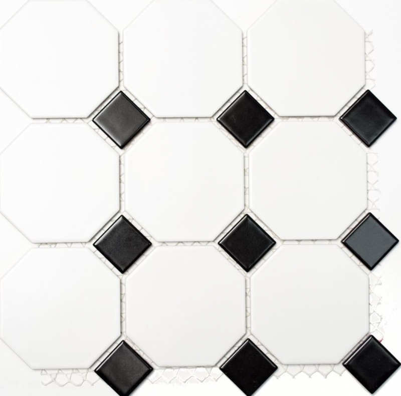 Mosaico de azulejos de cerámica octogonal blanco mate negro brillante azulejo backsplash MOSOcta-190_f | 10 esteras de mosaico