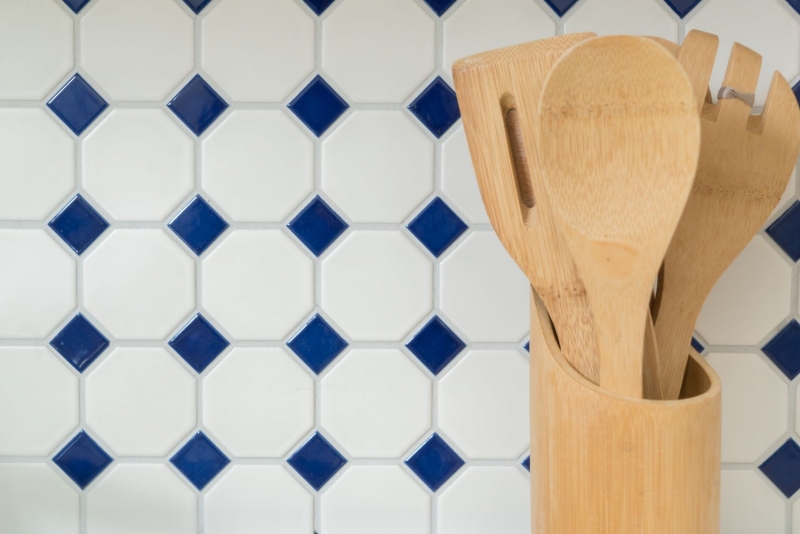 Azulejos de mosaico de cerámica azul octágono blanco mate azul brillante cocina splashback MOS13-OctaG464_f | 10 esteras de mosaico