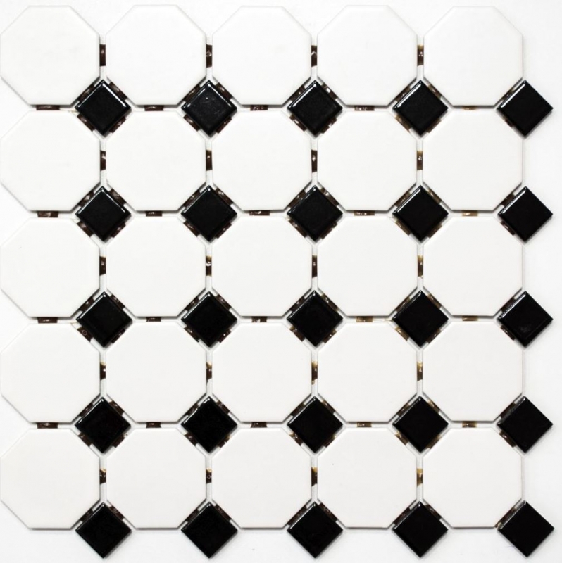 Mosaico de azulejos de cerámica octágono blanco mate negro brillante azulejo backsplash MOS13-OctaG468_f | 10 esteras de mosaico