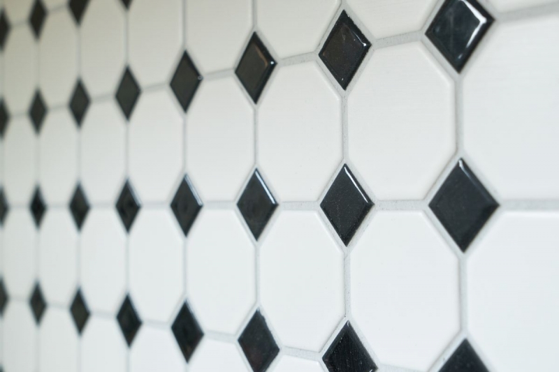 Mosaico de azulejos de cerámica octágono blanco mate negro brillante azulejo backsplash MOS13-OctaG468_f | 10 esteras de mosaico