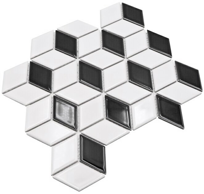 Mosaico de azulejos de cerámica 3D cubo blanco negro brillante azulejos de la pared azulejos de baño MOS13-OV01_f | 10 esteras de mosaico