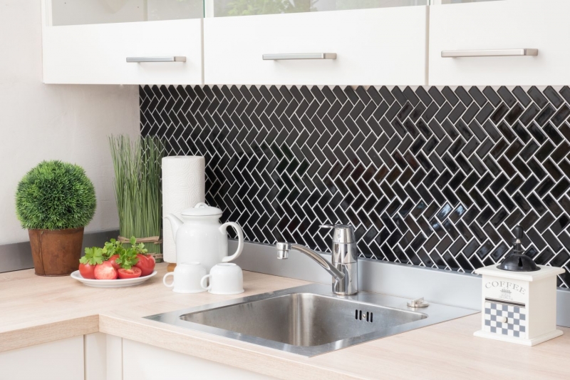 Mosaico de cerámica en espiga negro brillante mosaico azulejo backsplash MOS24-CHB6BG_f