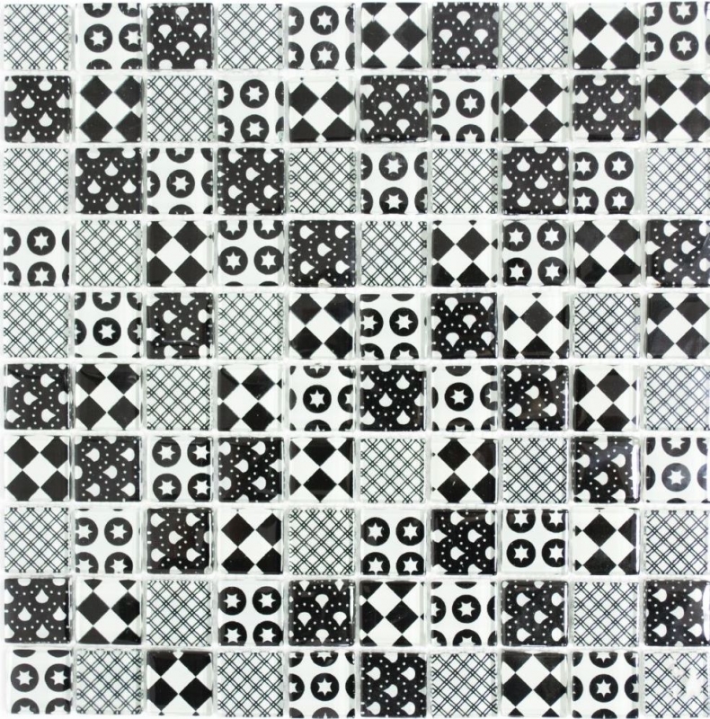 Retro vintage mosaico de vidrio blanco translúcido mirada de cristal negro MOS88-8OP5_f | 10 esteras de mosaico