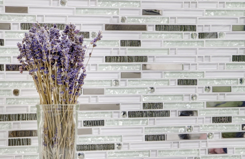 Mosaico de azulejos translúcido de acero inoxidable blanco compuesto de mosaico de vidrio Cristal de acero blanco vidrio MOS86-0104_f | 10 esteras de mosaico