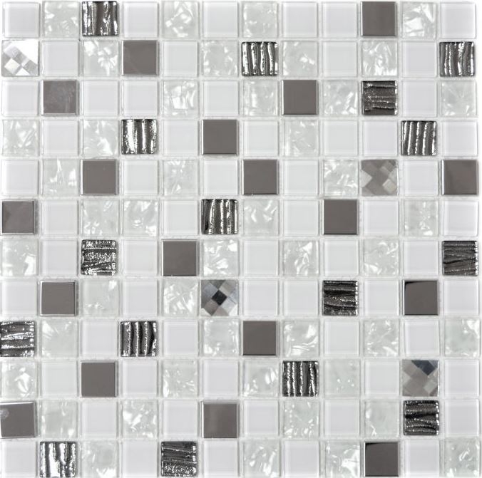 Mosaico de azulejos translúcidos de acero inoxidable de cristal blanco de mosaico de acero inoxidable de cristal blanco MOS63-CM-424_f | 10 esteras de mosaico