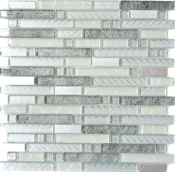 Mosaico de azulejos translúcido de acero inoxidable transparente gris plata compuesto de mosaico de vidrio Cristal de acero transparente gris plata MOS87-MV698_f | 10 esteras de mosaico