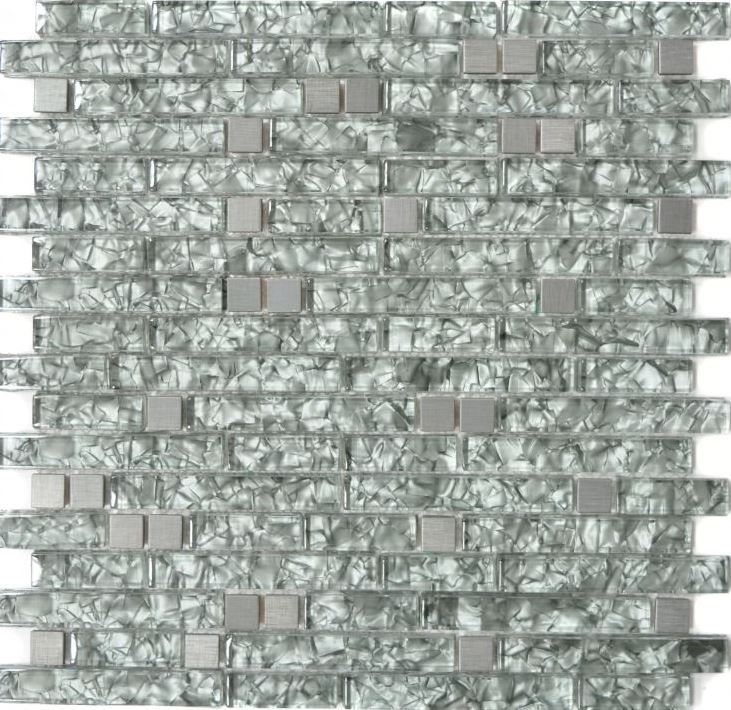 Mosaico de azulejos de acero inoxidable translúcido verde gris compuesto de mosaico de vidrio Crystal acero piedra verde gris MOS87-MV728_f | 10 esteras de mosaico