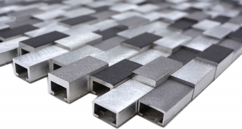 Mosaico panel trasero Aluminio Ladrillo 3D alu plata negro MOS49-0208_f
