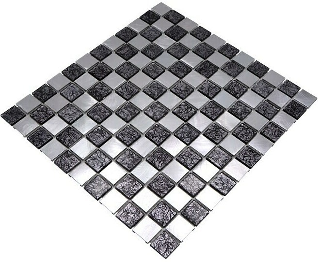 Panel trasero mosaico aluminio vidrio mosaico aluminio damero negro plata MOS49-0302_f