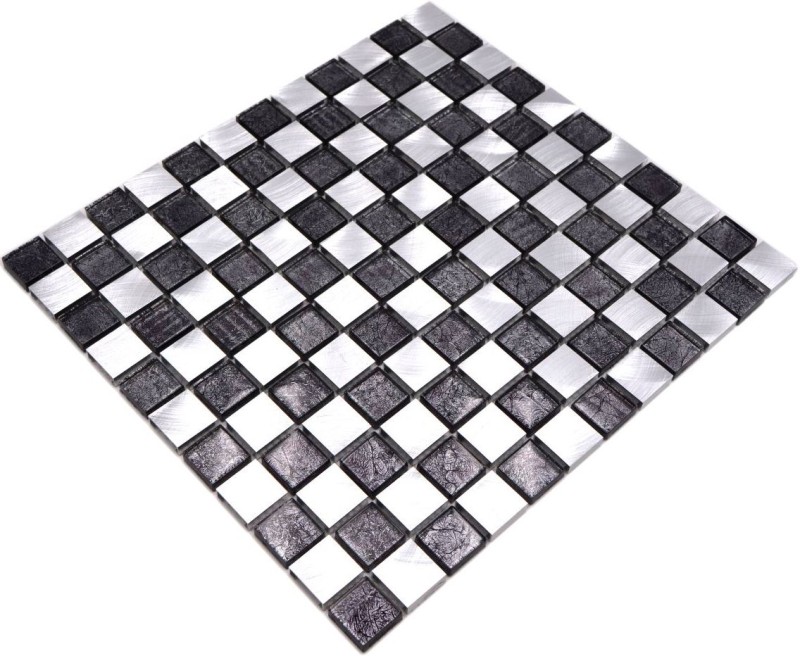 Panel trasero mosaico aluminio vidrio mosaico aluminio damero negro plata MOS49-0302_8mm_f