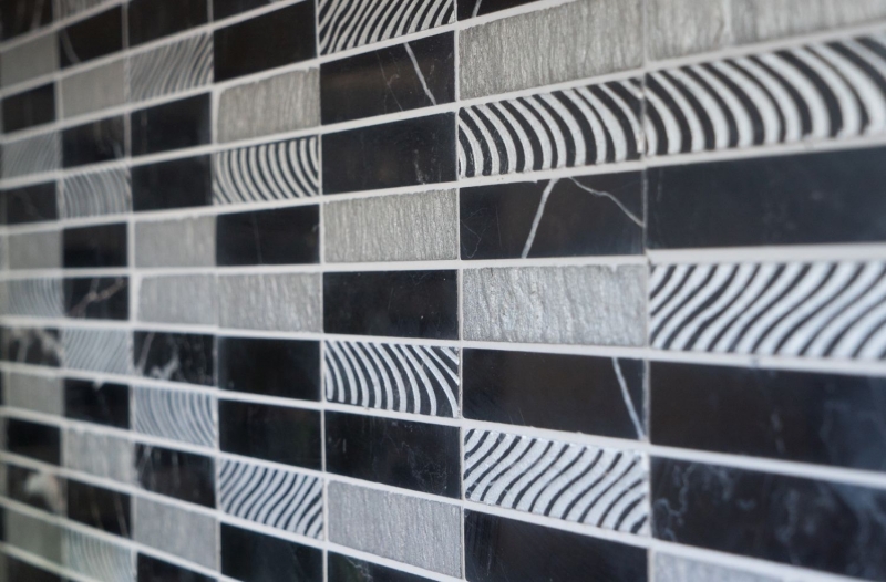 Mosaico de mármol de piedra natural rectángulo de piedra tallada de plata negro MOS40-STN89_f