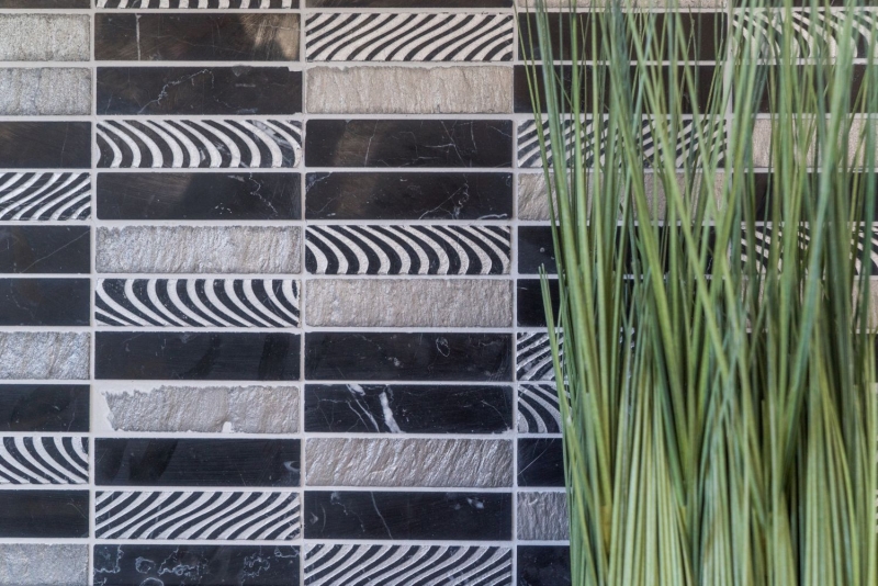 Mosaico de mármol de piedra natural rectángulo de piedra tallada de plata negro MOS40-STN89_f