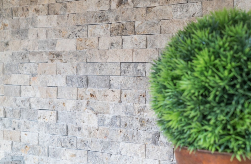Mosaico de pared de piedra Travertino piedra natural blanco gris Ladrillo Splitface plata Travertino 3D MOS43-47248_f