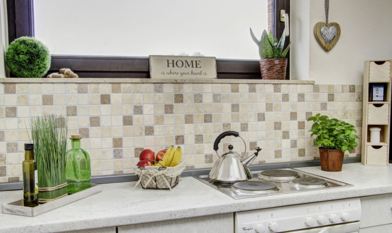 Mosaico de azulejos backsplash travertino piedra natural beige marrón Chiaro + Noche travertino MOS43-1216_f