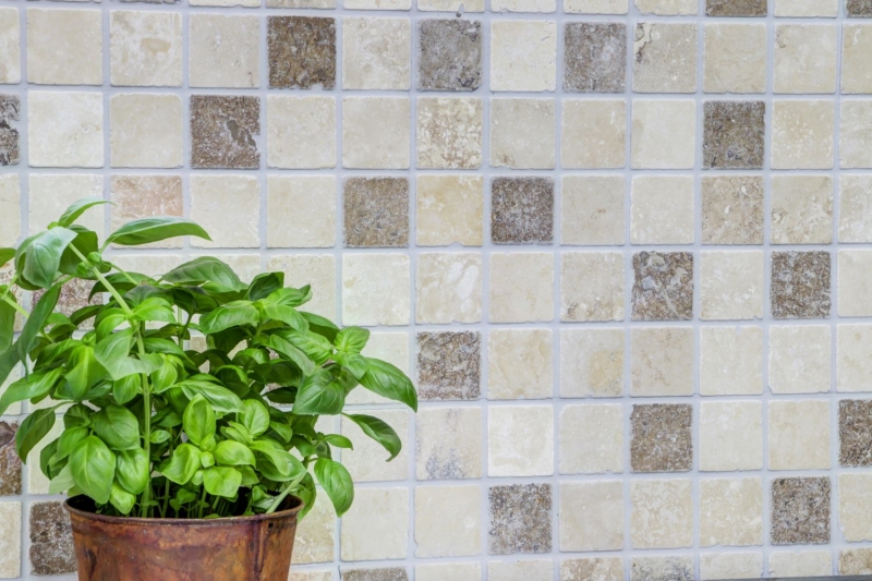 Mosaico de azulejos backsplash travertino piedra natural beige marrón Chiaro + Noche travertino MOS43-1216_f