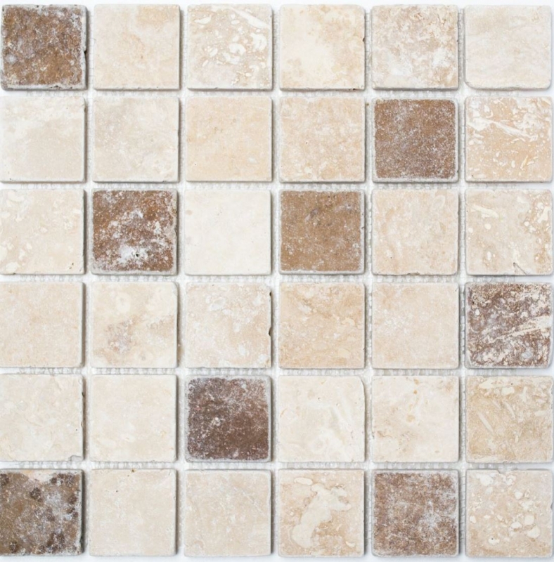 Mosaico de azulejos backsplash travertino piedra natural beige marrón Chiaro + Noche travertino MOS43-1216_f