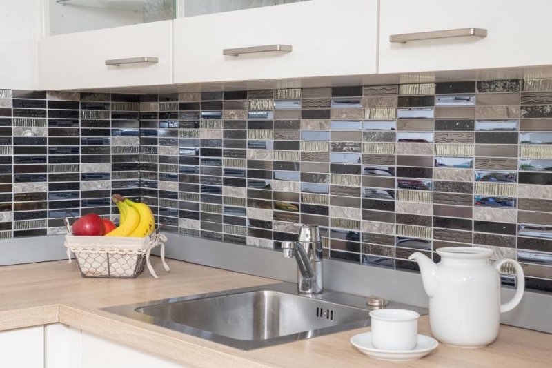 Mosaico de azulejos translúcido compuesto de acero inoxidable de plata gris negro rectángulo de mosaico de vidrio Crystal Piedra artificial de acero EP negro MOS87-58X_f