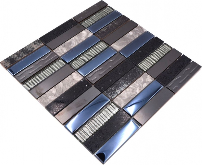 Mosaico de azulejos translúcido compuesto de acero inoxidable de plata gris negro rectángulo de mosaico de vidrio Crystal Piedra artificial de acero EP negro MOS87-58X_f