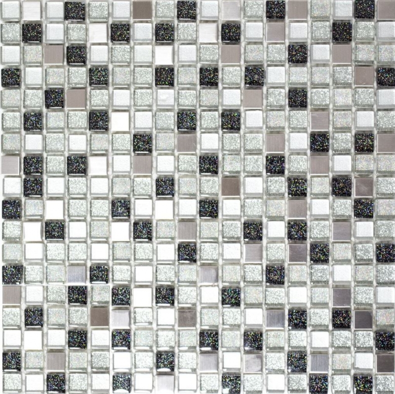 Azulejo mosaico Acero inoxidable translúcido plata negro Mosaico de vidrio Acero cristal plata negro MOS92-0207_f