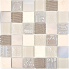 Cuadrado cristal/piedra/acero mezcla relieve beige mosaico azulejo pared azulejo backsplash cocina baño MOS88-1224_f