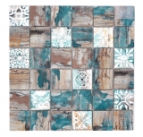 Azulejo de mosaico de vidrio Medio Vintage Patchwork beige pertrol aspecto madera ornamento MOS160-W800