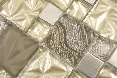 Muestra de mano multi mosaico de vidrio acero mosaico azulejos mezcla beige marrón brillante MOS88-1207_m