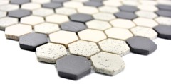 Muestra de mano mosaico azulejo cerámica beige negro Hexagaon sin esmaltar MOS11A-0113-R10_m