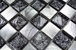 Muestra de mano mosaico azulejo aluminio vidrio translúcido mosaico cristal aluminio damero negro plata MOS49-0302_8mm_m